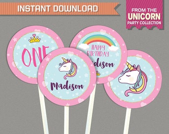 Unicorn Party Printable Birthday Labels - Unicorn Cupcake Toppers - Unicorn Birthday - 2 in labels INSTANT DOWNLOAD - Edit and print at home