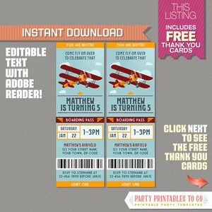 Vintage vliegtuig Party Ticket uitnodiging met GRATIS bedankkaart! - Uitnodiging voor verjaardagsfeestje voor vliegtuig - Bewerken en afdrukken met Adobe Reader