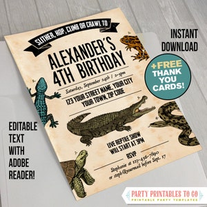 Reptielenfeestuitnodiging met GRATIS bedankkaart!- (met krokodil) - INSTANT DOWNLOAD - Reptielenverjaardag - Reptielenfeestdecoratie