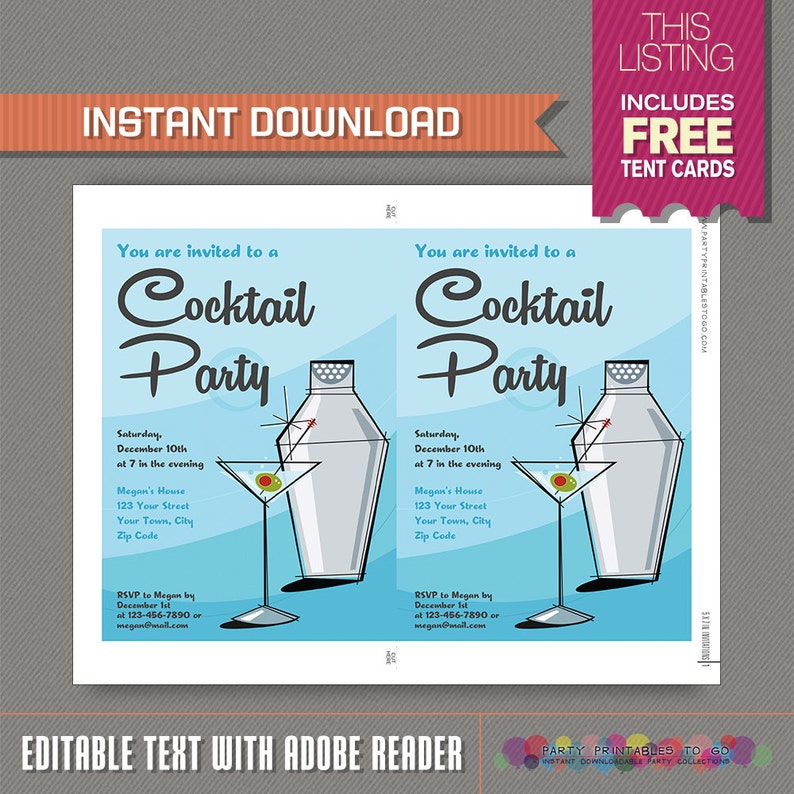 Cocktail Party Invitation with FREE Tent Cards Dinner Invitation Stylish Party Invitation Martini and Shaker Edit and print at home image 3