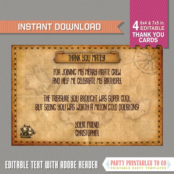 Pirate Map Party Thank You Cards - INSTANT DOWNLOAD - Treasure Map Cards - Vintage Pirate - Pirate Birthday - Edit at home with Adobe Reader Il_570xn