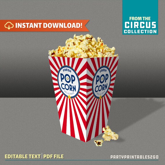 Circus Party Popcorn Box - INSTANT DOWNLOAD- Canival Birthday - Circus Party Decoration - Carnival Popcorn - Edit and print at home Il_570xn