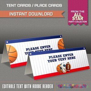 Cartões para barracas esportivas - Cartões para locais de festa All Star - Etiquetas de comida para festas All Star - Edite e imprima em casa - DOIS designs, mesmo preço!