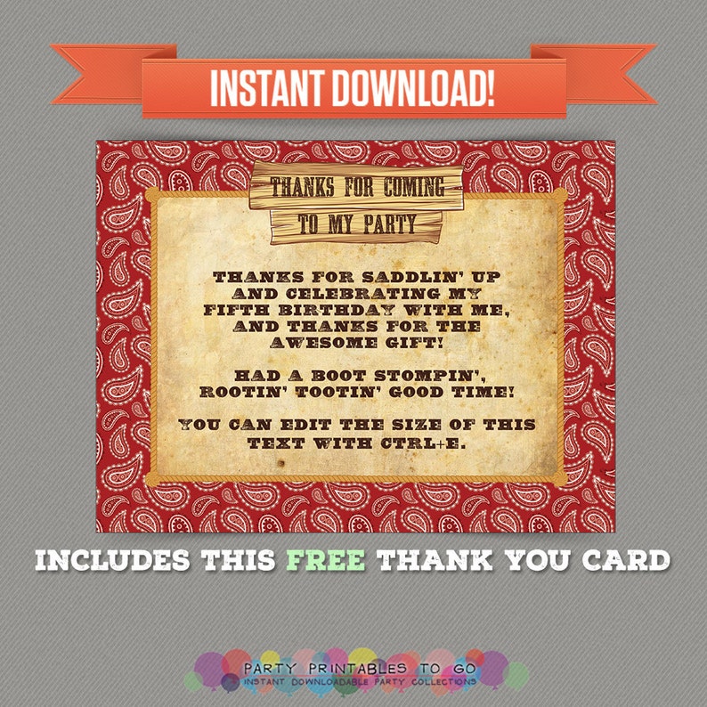 Editable PDF files Cowboy Birthday Party Printable Invitation with FREE Thank you Card Print at home