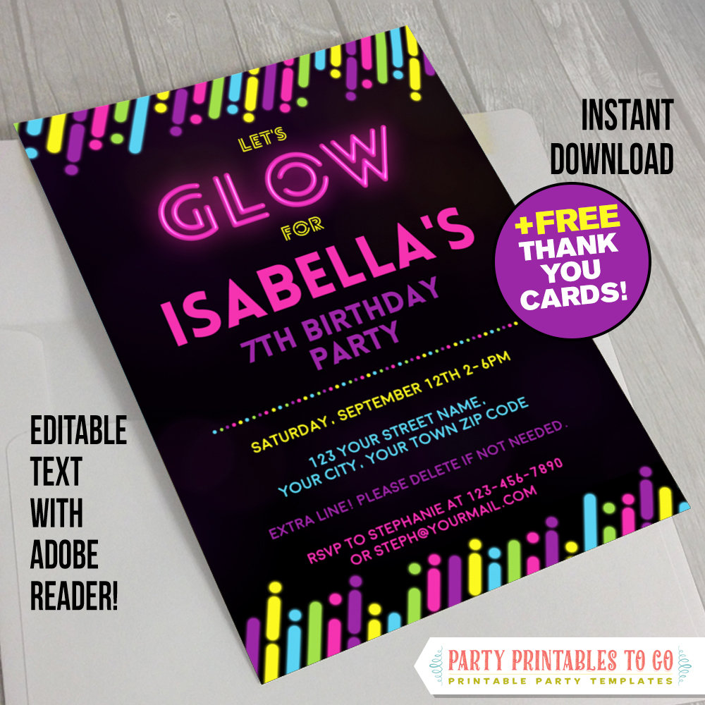 Neon Glow III Party Invitation With Free Thank You Cards INSTANT DOWLOAD Glow in the Dark Party Edit and Print With Adobe Reader - Etsy neon-glow-iii-party-invitation-with-free-thank-you-cards-instant-dowload-glow-in-the-dark-party-edit-and-print-with-adobe-reader-etsy