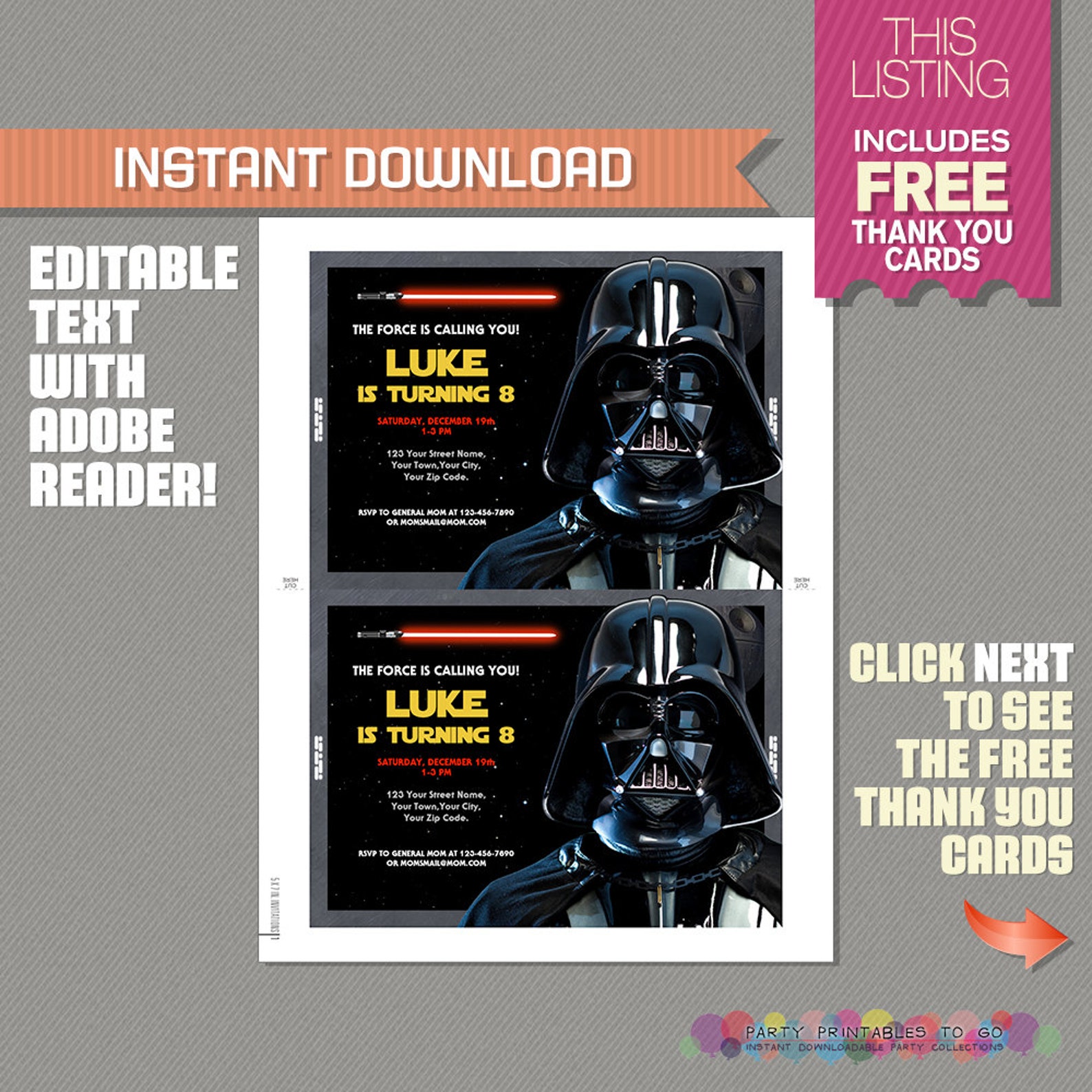 star wars party printable invitation with free thank you