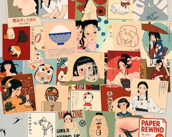 50 Adesivos Vintage Japoneses da Era Showa | Adesivos Fofos de Arte Tradicional para Papelaria e Scrapbooking