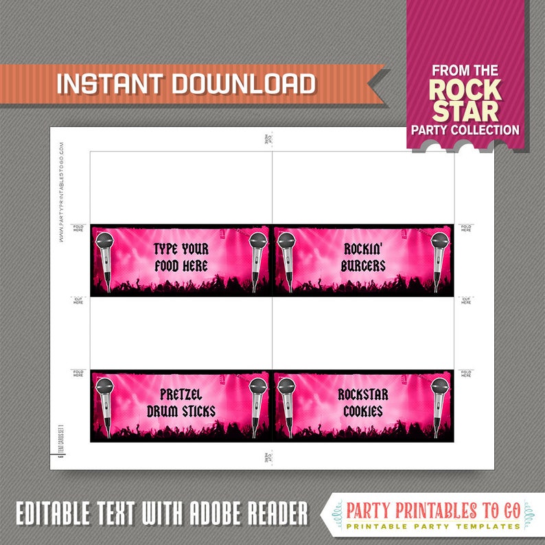 Rockstar Party Food Label / Rockstar Place Cards Pink INSTANT DOWNLOAD Rockstar Birthday Edit and print at home with Adobe Reader image 2