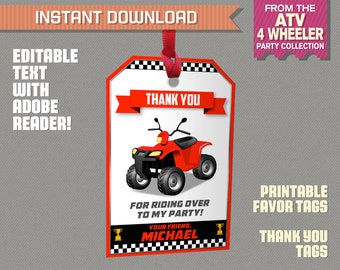 ATV Party Favor Tag / ATV Thank you Tag (Red) - 4 Wheeler Birthday - 4 Wheeler Party - Edit and print at home with Adobe Reader