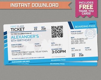 Airplane Boarding Pass with FREE Thank You Card - Sleepover Invitation - INSTANT DOWNLOAD - Airplane Birthday - Edit and print at home