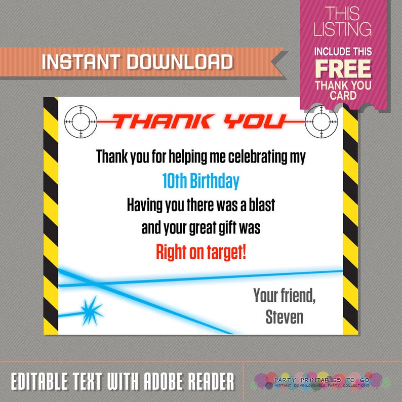laser tag invitation with free thank you card laser tag etsy