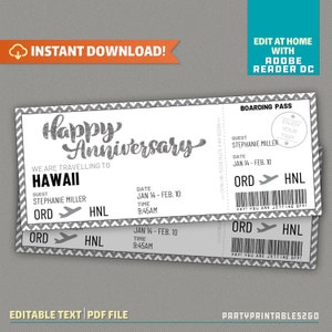 Surprise Trip Happy Anniversary Boarding Pass - Ticket Flight - Gift Voucher | Holiday Vacation - Instant Download! - Edit & print at home