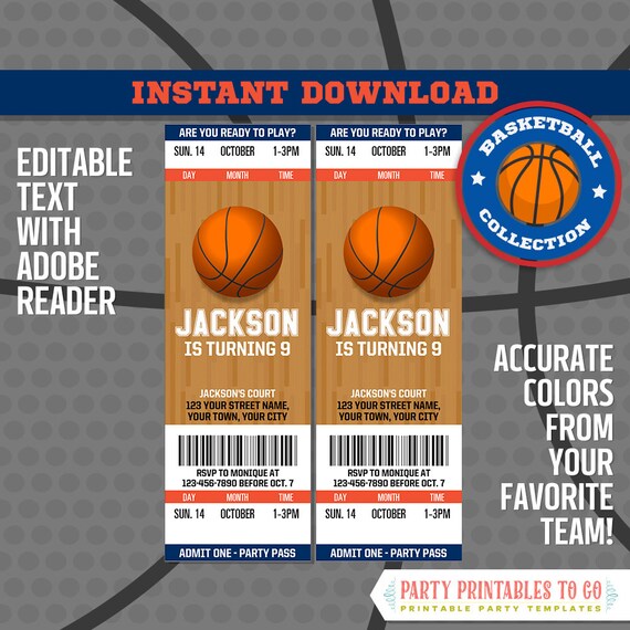 basketball ticket invitation free thank you card blue and orange basketball birthday basketball party edit and print at home by party printables 2 go catch my party