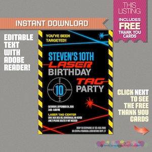 Lasergame-uitnodiging met GRATIS bedankkaart - Lasergame-feest - Direct downloaden - Thuis bewerken en afdrukken met Adobe Reader