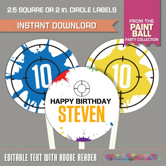 Paintball Party Printable Birthday Labels INSTANT DOWNLOAD Edit and