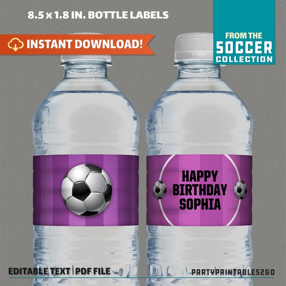 Soccer Party Printable Birthday Bottle Labels / Napkin Rings (Purple) - Editable PDF file - Print at home - Soccer Birthday - Soccer Labels Il_570xn