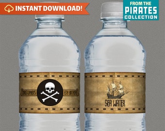 Pirate Party Printable Bottle Labels - Pirate Birthday Decor - INSTANT DOWNLOAD! - Pirate Bottle Labels - Edit and print with Adobe Reader