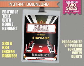 Red Carpet Party Pass printable Insert - Red Carpet Birthday, Red Carpet Party Vip Pass - Edit and print at home with Adobe Reader!