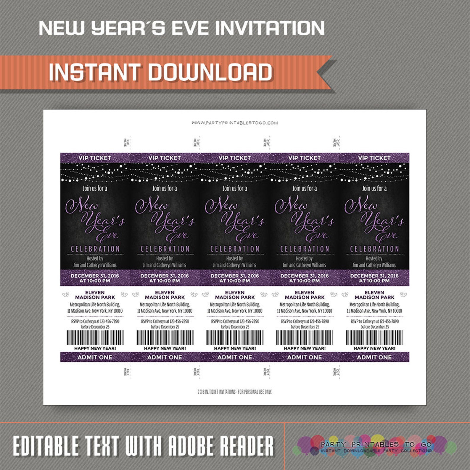 New Years Eve Celebration Ticket Invitation INSTANT DOWNLOAD | Etsy