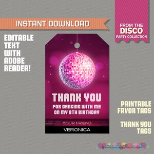 Disco Party Favor Tags / Disco Thank you Tag (Pink) - Disco Dance Birthday - Disco Dance Party - Edit and print at home with Adobe Reader