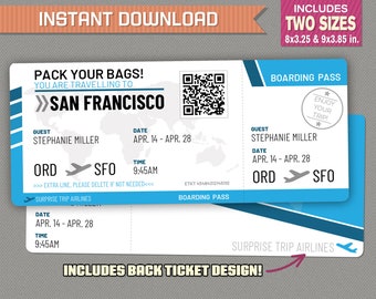 Editable Airplane Boarding Pass (Blue) Surprise Trip Airline Ticket Flight Gift Voucher - Instant Download! - Edit and print at home