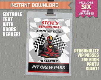 Go Kart Party Pit Crew Pass printable Insert - Go Kart Birthday, Go Kart Party Vip Pass - Edit and print at home with Adobe Reader!