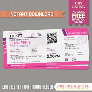 Mädchen-Flugzeug-Bordkarte mit GRATIS-Dankes-Karte - Sleepover-Einladung SOFORT-DOWNLOAD - Flugzeug-Geburtstag - Zu Hause bearbeiten und drucken