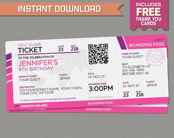 Girls Airplane Boarding Pass with FREE Thank You Card - Sleepover Invitation  INSTANT DOWNLOAD - Airplane Birthday - Edit and print at home