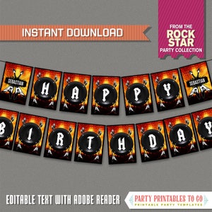 Rockstar Party Printable Birthday Banner with Spacers - Editable PDF file - Print at home - Roickstar Birthday - Rockstar Banner