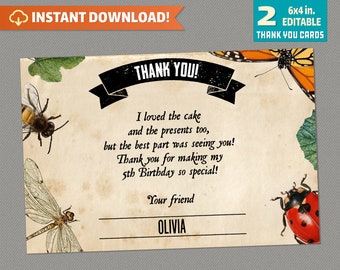 Bug Party Thank you Card - INSTANT DOWNLOAD! Bug Birthday - Bug Party Decor - Bug Thank you Card - Edit and print with Adobe Reader DC