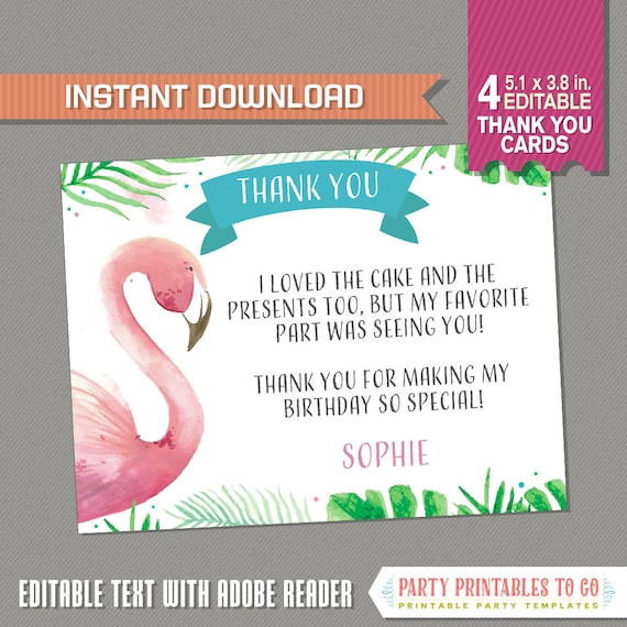Flamingo Party Thank You Card - Flamingo Birthday - Flamingo Thank you Card - Instant Download - Edit and print at home using Adobe Reader Il_570xn