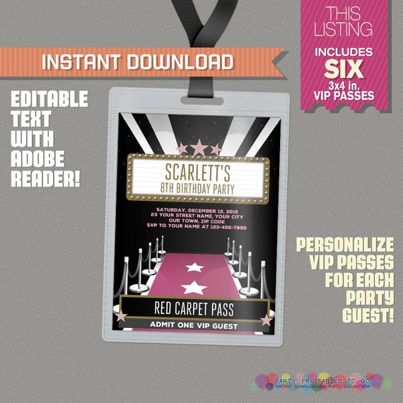 Red Carpet Party Pass printable Insert (Pink and Gold) - Red Carpet Party Vip Pass - Edit and print at home with Adobe Reader! Il_570xn