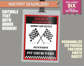 Race Car Party Pit Crew Pass printable Insert - Race Car Birthday, Race Car Party Vip Pass - Edit and print at home with Adobe Reader!