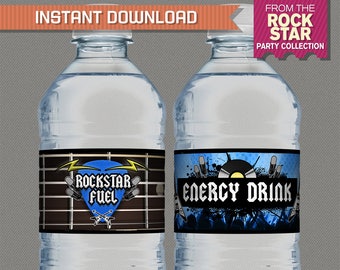 Rockstar Party Bottle Labels or Napkin Rings (Blue) INSTANT DOWNLOAD - Rockstar Party - Edit and Print at Home with Adobe Reader