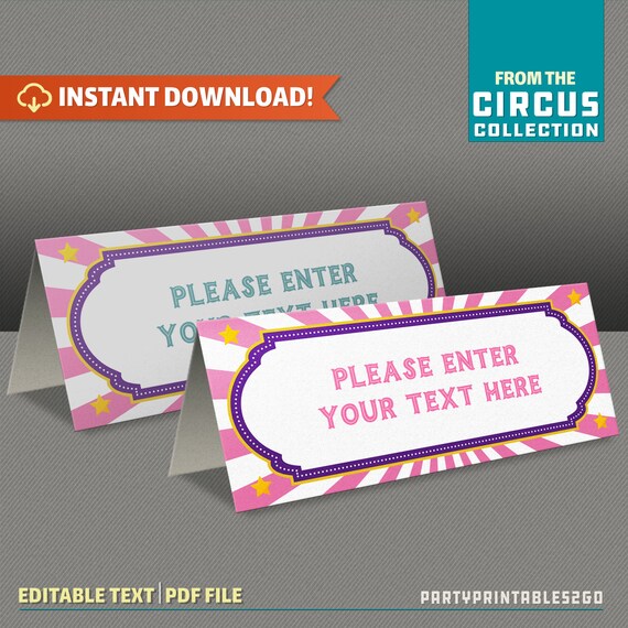 Circus Party - Carnival Party Printable Tent Cards / Place Cards / Food Labels - INSTANT DOWNLOAD - Edit and print at home Il_570xn