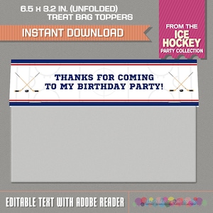 Ice Hockey Wide Treat Bag Toppers - Ice Hockey Bag Labels - Ice Hockey Party - INSTANT DOWNLOAD, Edit and print at home with Adobe Reader