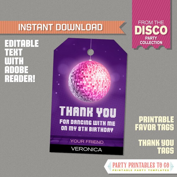 Disco Party Favor Tags / Disco Thank you Tag (Purple) - Disco Dance Birthday - Disco Dance Party - Edit and print at home with Adobe Reader Il_570xn