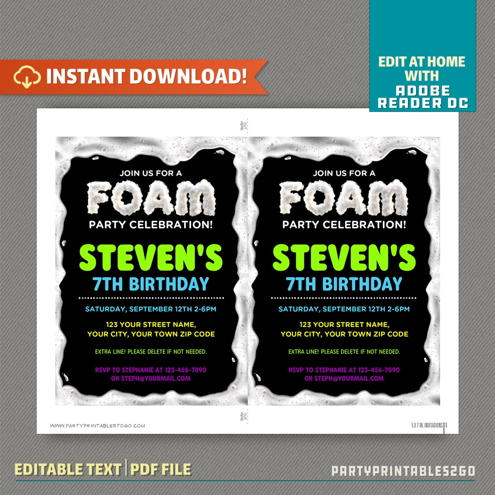 Foam Party Invitation INSTANT DOWNLOAD Foam Birthday Etsy