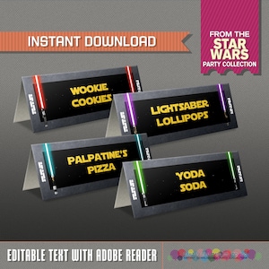 Tarjetas de tienda de fiesta de Star Wars - DESCARGA INSTANTE - Tarjetas de lugar de fiesta de Star Wars - Etiquetas de alimentos de Star Wars - Edite e imprima en casa con Adobe Reader