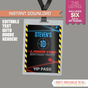 Laser Tag Party Pass printable Insert - Laser Tag Birthday, Laser Tag Party Vip Pass - Edit and print at home with Adobe Reader!