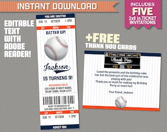 Baseball Ticket Invitation with FREE Thank you Card! (Blue and Orange)- Baseball Birthday, Baseball Party - Edit and print with Adobe Reader