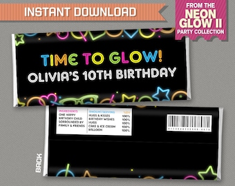 Neon Glow II Party Standard size Chocolate Wrappers - Glow in the Dark Birthday - INSTANT DOWNLOAD - Edit and print at home