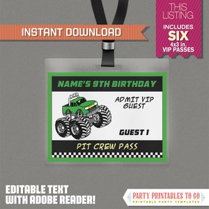 Monster Truck Party VIP Guest Pass printable Insert - Instant Download - Monster Truck Birthday - Edit and print at home with Adobe Reader!