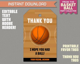 Basketball Party Favor Tag / Basketball Merci Tag - Basketball Birthday - Basketball Party - Modifier et imprimer à la maison avec Adobe Reader