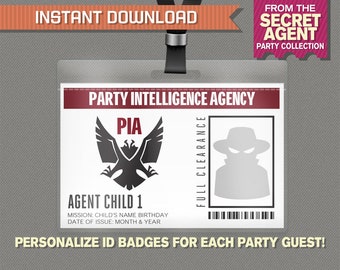 Secret Agent Badge - Spy Birthday Party - INSTANT DOWNLOAD - Secret Agent Birthday Party - Edit and print at home with Adobe Reader