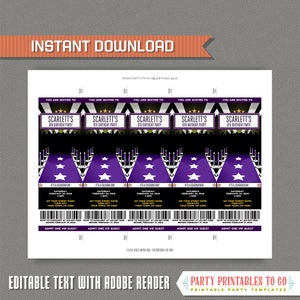 Red Carpet Party Ticket Invitation with FREE Thank you Card Purple INSTANT DOWLOAD Edit and print at home with Adobe Reader image 3