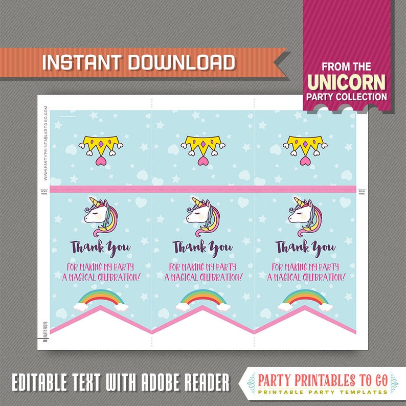 Unicorn Favor Tag Toppers / Unicorn Foldover Bag Topper Unicorn Birthday Unicorn Party Edit and print at home with Adobe Reader image 2