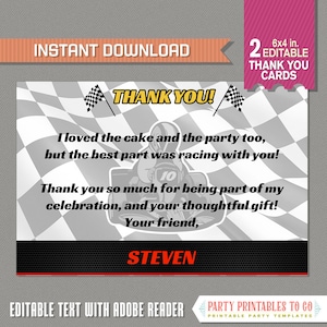 Go Kart Birthday Party Thank you Card - INSTANT DOWNLOAD - Go Kart Party Thank you Card - Edit and print at home with Adobe Reader!