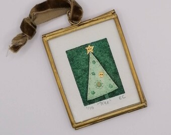 Tree, framed original miniature collagraph wall art print or tree decoration