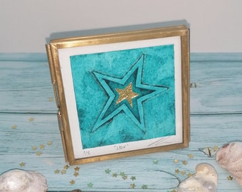 Star, small framed original turquoise collagraph print with gold embellishments